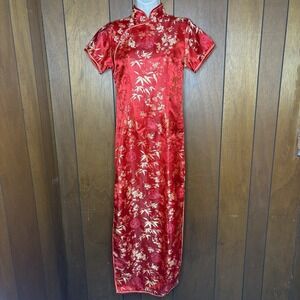 VTG Y2K Cheongsam Dress Women S Red Brocade Oriental Fairy Festival Maxi Kevin-T